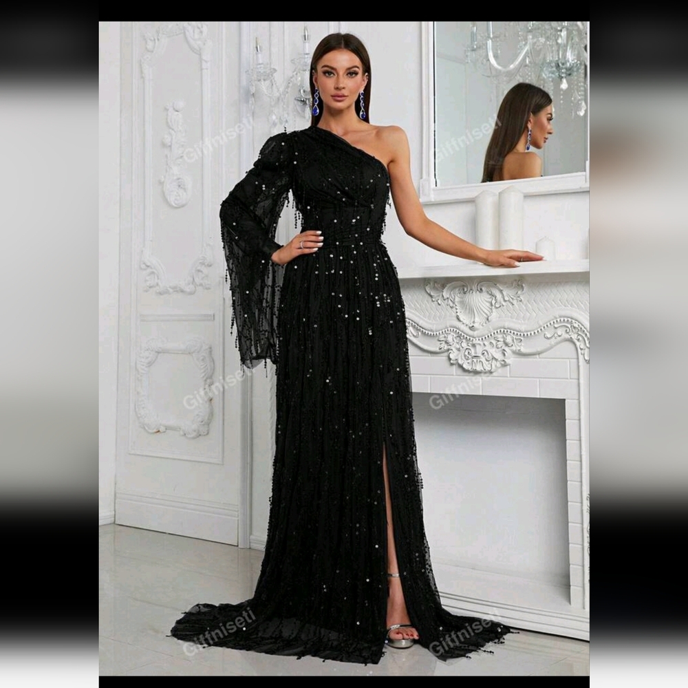 Black one shoulder split thigh sequin rain dress!!